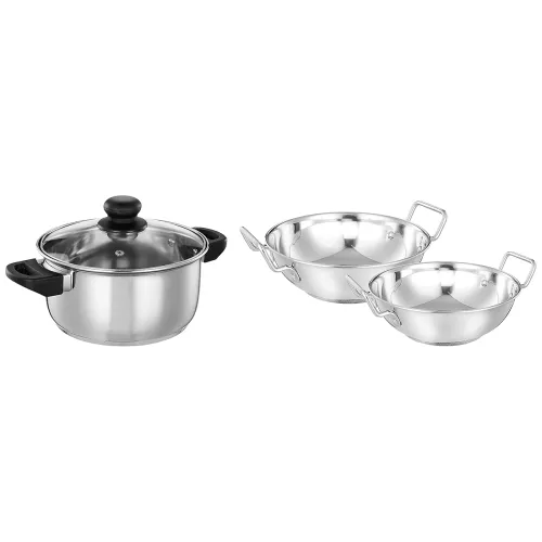 Image of Amazon Brand - Solimo Stainless Steel Induction Bottom Kadhai Set (2 Pieces)