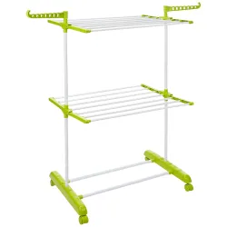 Amazon Brand - Solimo Steel Double Supported 2 Layer Cloth Drying Rack | Foldable, Movable | 54D x 64.9W x 127H cm | White & Green