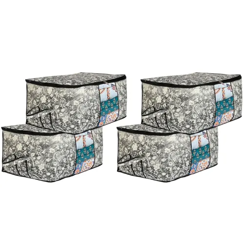 Image of Amazon Brand - Solimo Metalic 4 Pieces Non Woven Underbed Storage Bag, Cloth Organiser, Blanket Cover With Transparent W