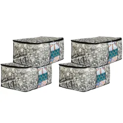 Amazon Brand - Solimo Metalic 4 Pieces Non Woven Underbed Storage Bag, Cloth Organiser, Blanket Cover With Transparent W