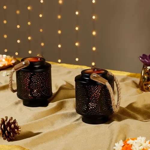Image of Amazon Brand - Solimo Tea Light Lantern – Round Mandala Design with Handle, Black Iron with Gold Interior, Set of 2 (Siz