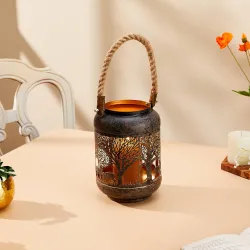 Amazon Brand - Solimo Tea Light Lantern – Round Deer Design, Brown Antique Iron with Gold Interior (Size: L-15 cm x W-15