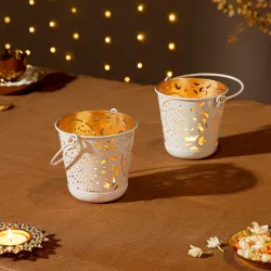 Amazon Brand - Solimo Tea Light Votive – Round Shape with Handle, White Powder-Coated Iron with Gold Interior, Set of 2 (Size: L-11 cm x W-11 cm x H-10 cm)