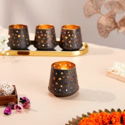 Amazon Brand - Solimo Tea Light Votive – Tapered Star Design, Brown Antique Iron with Gold Interior, Set of 4 (Size: 7 LXBXH)