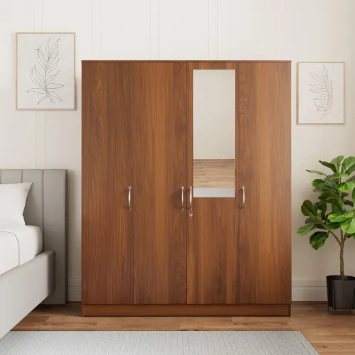 Image of Amazon Brand Solimo Medusa Engineered Wood 4 Door Wardrobe with Drawer and Mirror