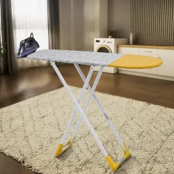 Amazon Brand - Solimo Wooden Ironing Board/Table with Iron Holder, Foldable & Adjustable| Ergonomic Wobble-Free Design | Heavy-Duty Wide Legs for Stability| 116 L x 47 W cm| Grey & Yellow
