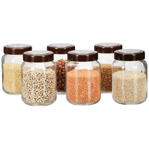 Image of Amazon Brand - Solimo Glass Transparent Storage Jar with Brown Plastic Cap for Pickles, Spices | BPA Free | Set of 6 | 7