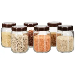 Amazon Brand - Solimo Glass Transparent Storage Jar with Brown Plastic Cap for Pickles, Spices | BPA Free | Set of 6 | 7