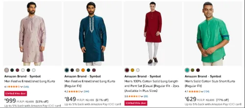 Image of Amazon Brand - Symbol Men's Kurta Up to 75% Discount