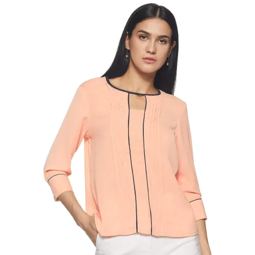 Image of Amazon Brand - Symbol Women's Solid Crepe Round Neck Long Sleeve Regular Fit Top