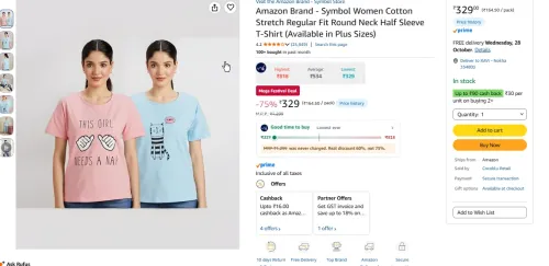 Image of Amazon Brand - Symbol Women Cotton Stretch Regular Fit Round Neck Half Sleeve