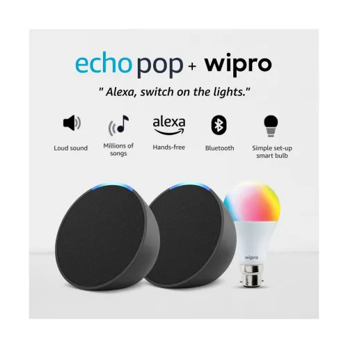 Image of Amazon Echo Pop (Black) gift twin pack with Wipro 9W Simple Setup LED 