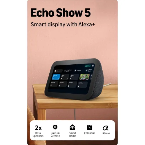 Image of Amazon Echo Show 5, smart display with Alexa+, 2x bass speaker, clearer sound