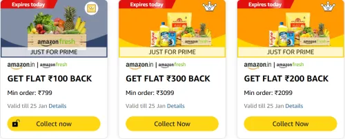 Image of Amazon Fresh Offers : Flat ₹100 Cashback On ₹799 | ₹200 Cashback On ₹2099 | ₹300 Cashback On ₹3099.