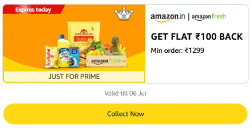 Image of Amazon Offer : Flat ₹100 Cashback on Amazon Fresh Orders