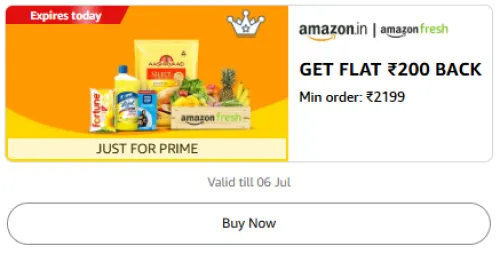 Image of Amazon Offer : Flat ₹200 Cashback on Amazon Fresh Orders