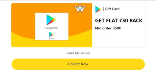 Image of Amazon Offer: Flat ₹30 Cashback on Google Play Gift Card