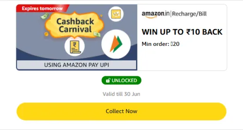 Image of Amazon Offer: upto Cashback ₹10 on Recharge or Bill 