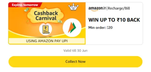 Image of Amazon Offer: Upto ₹10 Cashback on Recharge or Bill 