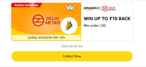 Image of Amazon Offer: Upto ₹10 Cashback on Delhi Metro