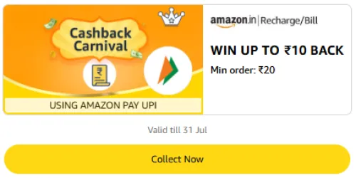 Image of Amazon Offer : Upto ₹10 Cashback on Recharge or Bill Payment
