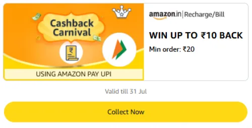 Image of Amazon Offer : Upto ₹10 Cashback on Recharge or Bill Payment