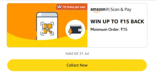 Image of Amazon Offer : Upto ₹15 Cashback on Scan & Pay via Amazon Pay Wallet