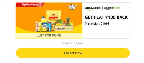 Image of Amazon Rewards : Flat ₹100 Cashback on Amazon Fresh