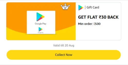 Image of Amazon Rewards : Flat ₹30 Cashback on Google Play Gift Card