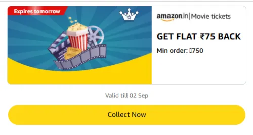 Image of Amazon Rewards : Flat ₹75 Cashback on Movies Tickets