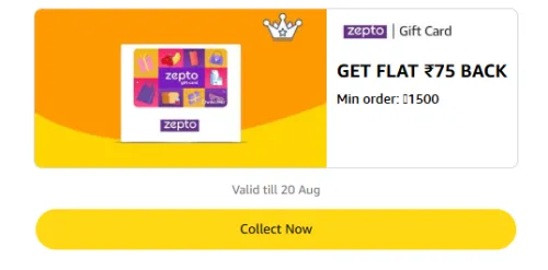 Image of Amazon Rewards : Flat ₹75 Cashback on Zepto Gift Card