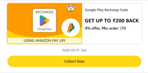 Image of Amazon Rewards : Upto ₹200 Cashback on Google Play Recharge
