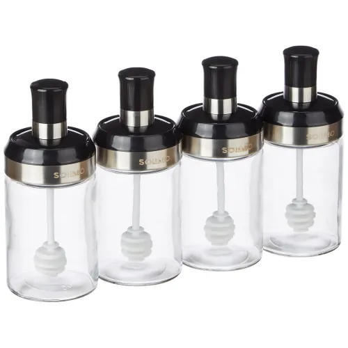 Image of Amazon Brand - Solimo Borosilicate Glass Sauce Jar with Dipper, Set of 4 (250 Ml Each),Black