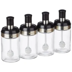 Amazon Brand - Solimo Borosilicate Glass Sauce Jar with Dipper, Set of 4 (250 Ml Each),Black