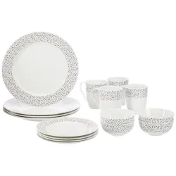 Amazon Brand - Solimo Ceramic 16 Piece Polka Dot Dinner Set | 4 Dinner Plates, 4 Quarter Plates, 4 Mugs & 4 Small Bowls 