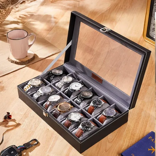 Image of Amazon Basics 12 Slot Faux Leather Watch Organiser Box