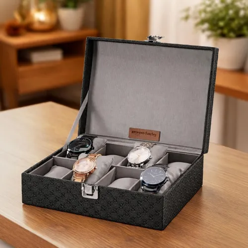 Image of Amazon Basics Unisex Faux Leather Watch Organiser Box with 8 Slots | 23.5LX21BX8H cm | Black
