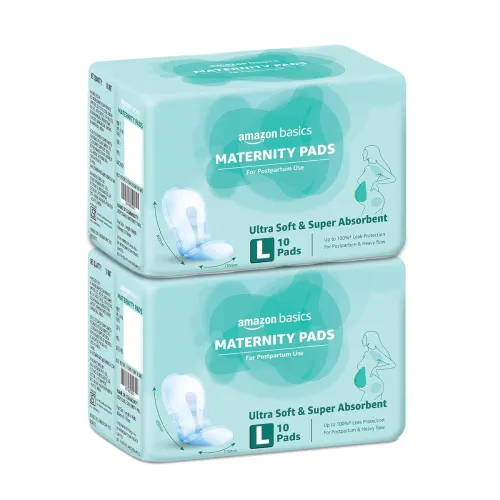 Image of Amazon Basics Maternity Pads | Large | 450mm | Upto 650ml High Absorption | Breathable Top Layer | Contoured Slim Fit | 