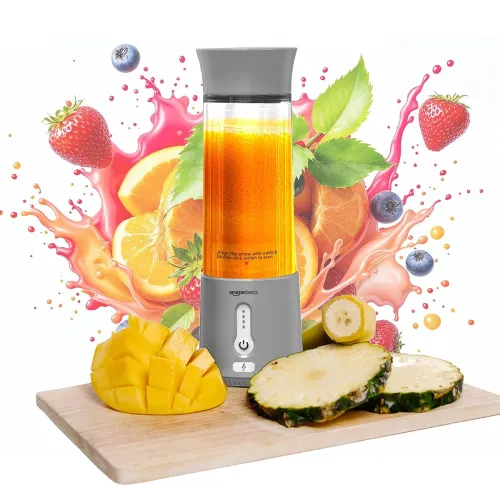 Image of Amazon Basics Portable Hand Blender for Smoothies and Juices | USB Rechargeable | 6 Stainless Steel Blades | 500 ml Food