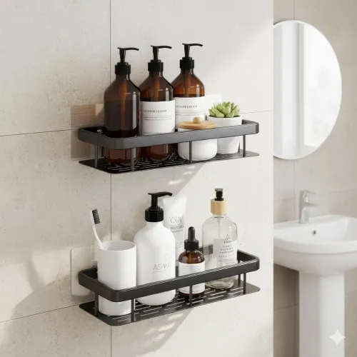 Image of amazon basics Bathroom Organizer Without Drill | Wall Mounted Bathroom Shelves & Rack for Modern Space Saving Storage Pa