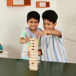 Amazon Brand - Jam & Honey- 54pcs Premium Hardwood Tumbling Tower,4 Dices | Wooden Building Blocks | Stacking Tower Game |Party Game, Birthday Gift for Adults and Kids Age 6+, Multiplayers