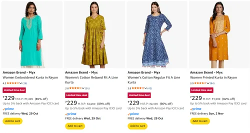 Image of Amazon Brand - Myx Women's Kurta upto 90% Discount