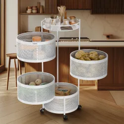 Amazon Brand - Solimo 360° Revolving Preassembled Portable 4 Layer Round Multipurpose Storage Kitchen Rack Carbon Steel Fruit Vegetable & Spice Trolley with Wheels for Kitchen Organizer(Matte, White)