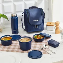 Amazon Brand Solimo Lunch Box Set with Steel Containers & Bottle – Blue