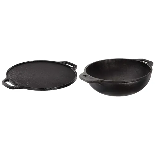 Image of Amazon Brand – Solimo Pre-Seasoned Cast Iron Dosa Tawa & Kadhai Combo