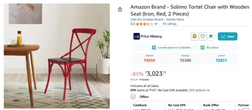 Image of Amazon Brand - Solimo Tortel Chair with Wooden Seat (Iron, Red, 2 Pieces)