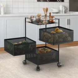Amazon Brand - Solimo 360° Revolving Preassembled Portable 3 Layer Square Multipurpose Storage Kitchen Rack Carbon Steel