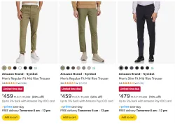 Amazon Brand - Symbol Mens Trousers at minimum 70% Discount