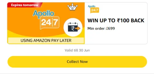 Image of Amazon Offer: ₹20–₹100 Cashback on Apollo 24x7 Orders 