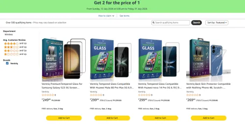 Image of Amazon offer : Buy 1 Get 1 free on Mobile tempered Glass 